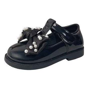 COZULMA/ Елегантна Детска Кожа обувки с Т-образно каишка и възел-пеперуда За момичета; Дишаща Ежедневни Обувки на плоска подметка с перли; Размери 21-30