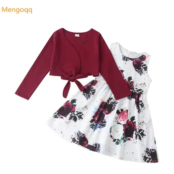 Детски есенно-пролетния Топ с лък и дълги ръкави за момичета, тениска, рокля до коляното с открити рамене и цветя, комплект детски дрехи, 2 броя, от 4 до 9 години