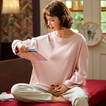 Пролет-есен нова памучен мека пижама, женски прави панталони с дълги ръкави, модерен костюм, с кръгло деколте и анимационни модел за домашно обслужване